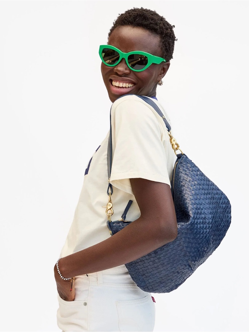 Clare V. Moyen Messenger Handbag Bleu Marine Woven Checker